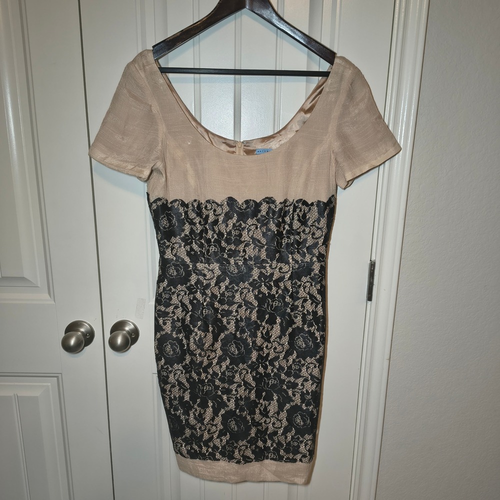 Antonio Melani Gold Black Lace Sheath Dress Women 8 Scoop Neck Cocktail Event
